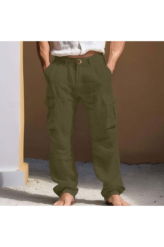 Men's Cargos Linen Pants Loose Fits Elastic Waist Button Down Beach Pants Mens Summer Casual Solid Plus Size Baggy Relaxed Lightweight Breathable Straight Leg Travel Vacation Pant
