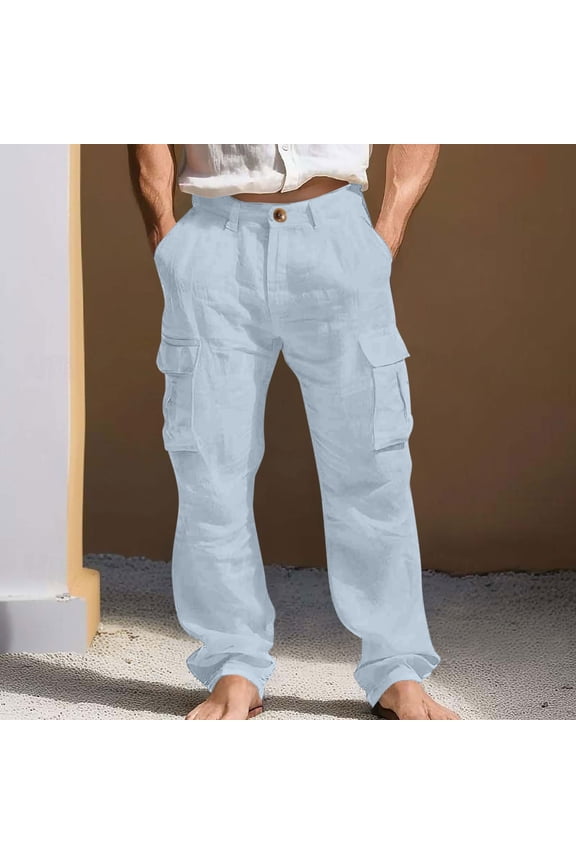 Men's Cargos Linen Pants Loose Fits Elastic Waist Button Down Beach Pants Mens Summer Casual Solid Plus Size Baggy Relaxed Lightweight Breathable Straight Leg Travel Vacation Pant