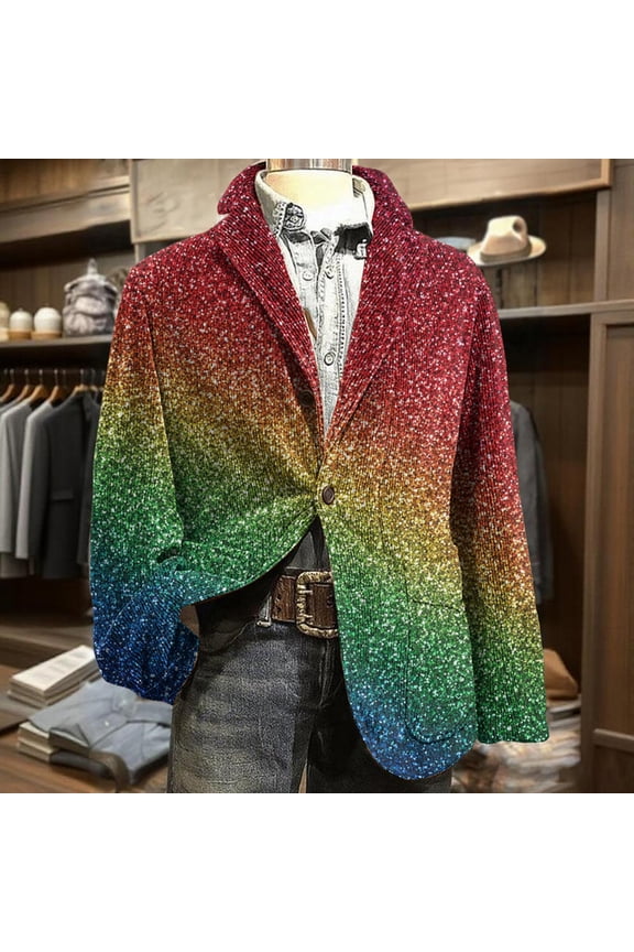 Men's Carnival Blazer Corduroy Sparkly Sequin Color Print Holiday Party Jacket Two Button Slim Fit Business Office Blazers with Pockets Mar-di Gras Plus Size Outwear