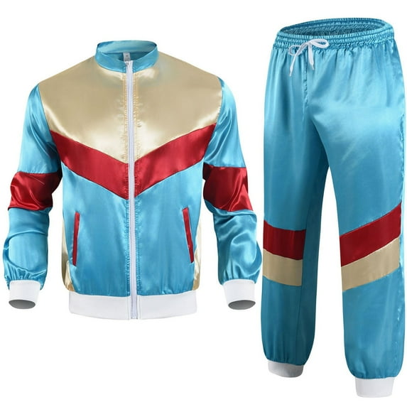 Men's Carnival Hip Hop 2PC Long Sleeve Outfits Satin Color Block Stand Collar Zip Up Shirt Streetwear Set with Pockets Multicolor-1 XL