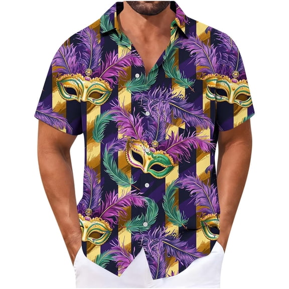 Men's Carnival Print Party Shirt Button Down Longline Collared Top Multicolor L