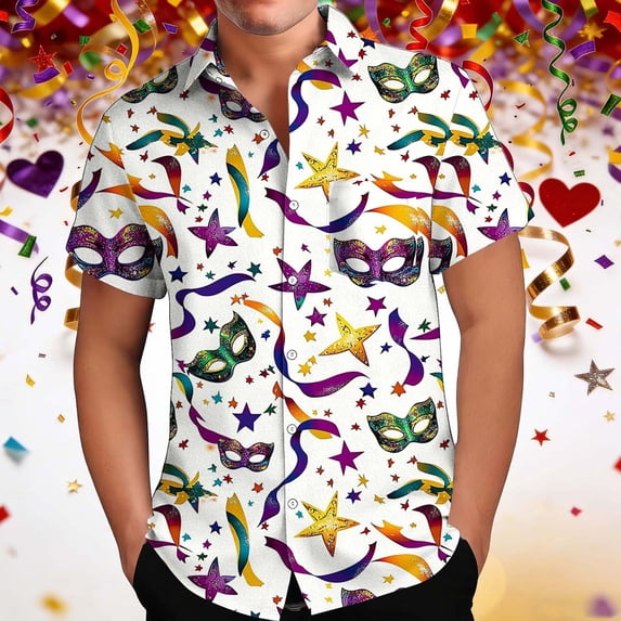 Men's Carnival Print T Shirt Short Sleeve Lapel Button Down Shirts Tops Beige 3XL