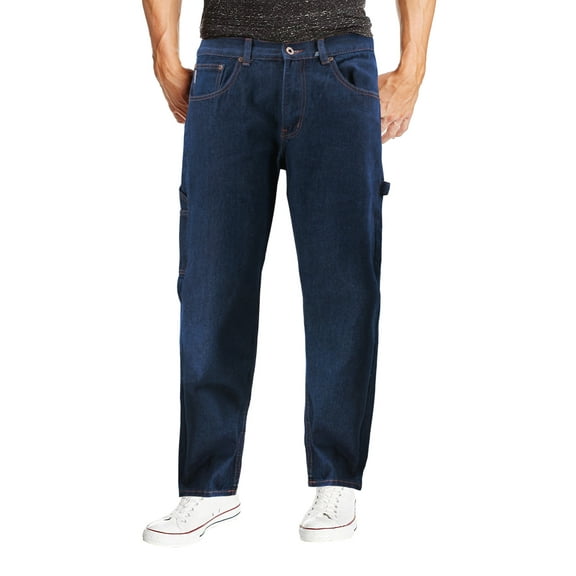 Men's Carpenter Work Jeans Hammer Loop Relaxed Fit Casual Cotton Denim Pants (Super Dark Blue, 30x30)