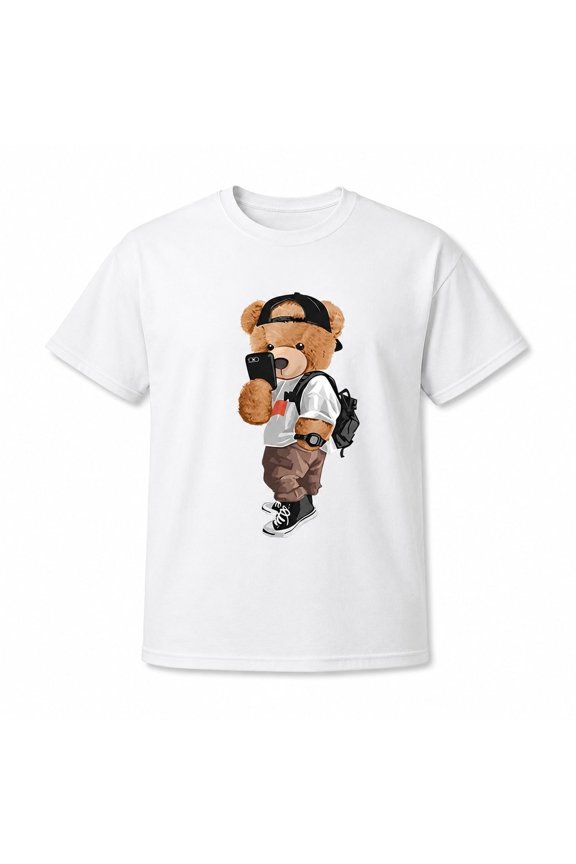 Men’s Cartoon Bear Graphic T-Shirt, Unisex Classic Fit Crew Neck Tee