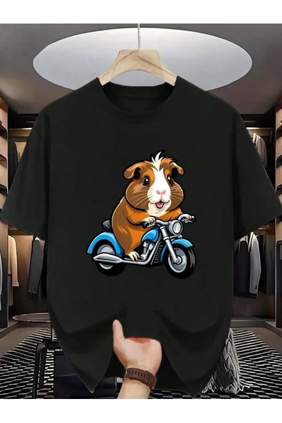 Men's Cartoon Guinea Pig Riding Blue Motorcycle Graphic T-Shirt - Soft Breathable Summer Tee, Regular Fit Casual Top For Casual Attire & Gift Giving, Fun Apparel, Fun Print, Easy C