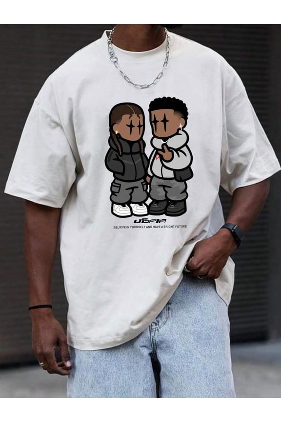 Men's Cartoon & Letter Graphic Drop Shoulder Sleeve T-Shirt