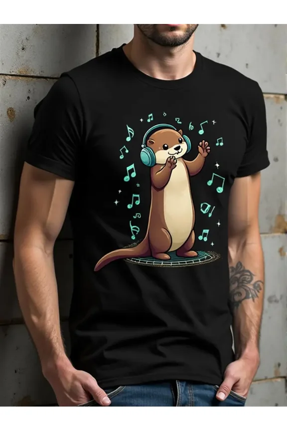 Men's Cartoon Otter Music Graphic T-Shirt - Black with Green Headphones & Dancing Otter Design, Casual Round Neck Short Sleeve Tee for Music Lovers, All-Season Comfort Fit