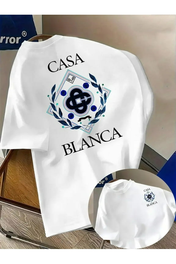Men's Casa Blanca Graphic T-Shirt - White Tee with Navy Office Emblem, Lightweight Breathable Summer Shirt for Casual Casual Attire & Formal Events, Machine Washable Round Neck Top, Geometric Print,