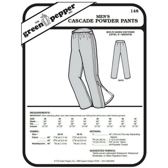 Men's Cascade Powder Snow Pants #148 Sewing Pattern (Pattern Only)