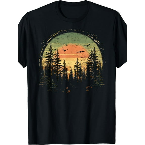 Men's Casual 100% Cotton T-Shirt - Retro Wilderness Bear & Pine Tree Reflection Print, Loose Fit Short Sleeve Round Neck, All-Season Outdoor & Casual Attire, Machine Washable, Bear T Shir