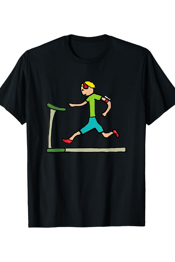 Men's Casual 100% Cotton T-Shirt with Cartoon Running Figure Graphic - Short Sleeve, Crew Neck, Relaxed Fit, Digital Print, Ideal for Casual Attire