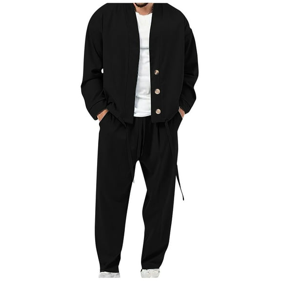 Men's Casual 2 Piece Long Sleeve Sets Buttons V Neck Tops Drawstring Sport Pants Beach Summer Outfits Black,M