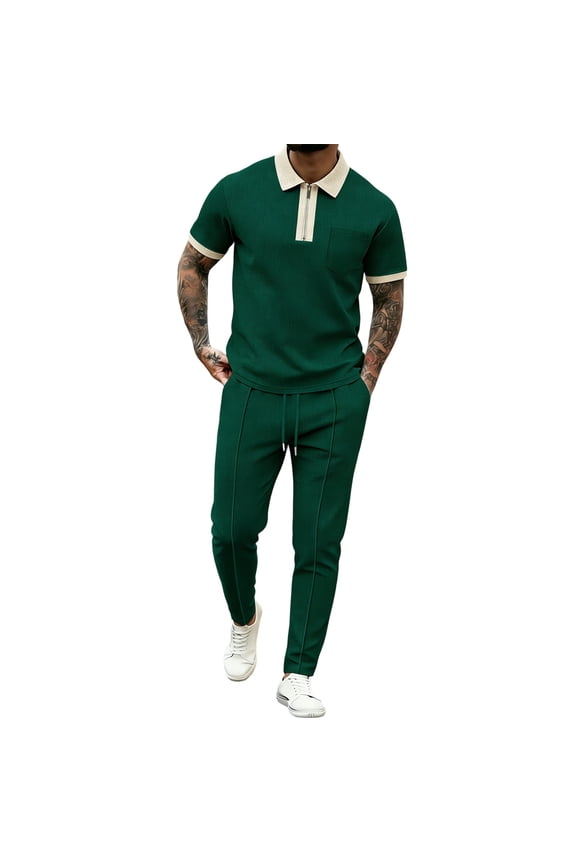 Men's Casual 2 Piece Outfit Set Block Quarter Zip Up Shirt & Drawstring Jogger Pants Sport Summer Workout Sets for Running Jogging Green S