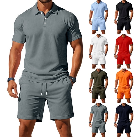Men's Casual 2-Piece Quick-Dry Set, Loose Breathable Short Sleeve Polo Shirt and Elastic Waist Shorts, Summer Outfit For Travel and Sports,Light Blue,M