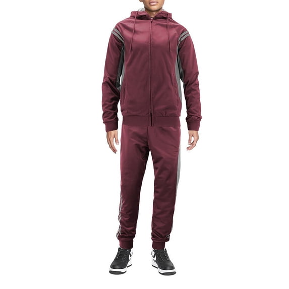 Men's Casual 2 Piece Set Gym Fitness Hooded Work Out Running Jogging Tracksuit (Burgundy/Charcoal, 2XL)