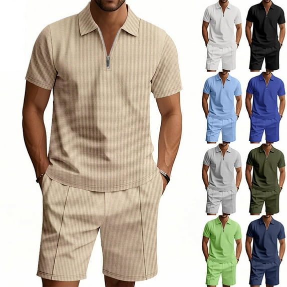 Men's Casual 2-Piece Set, Solid Color Polo Short Sleeve Shirt and Shorts, Relaxed Summer Outfit For Vacation Beach and Leisure,Army Green,L