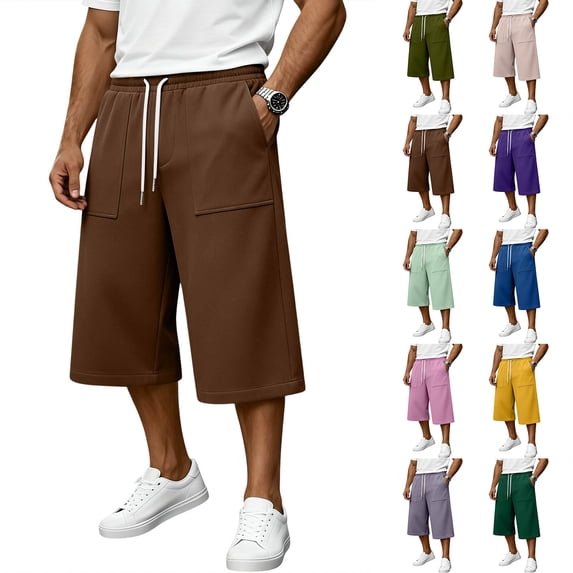 Men's Casual 3/4 Shorts Solid Athletic Running Shorts Elastic Waist Drawstring Workout Sweat Shorts Big Pockets XL