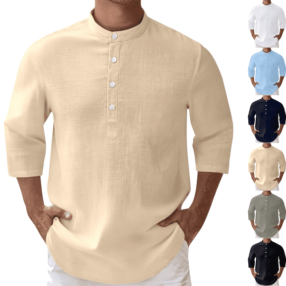 Men's Casual 3/4 Sleeves Shirt Henley Neck/V-Neck Button T-Shirt Loose Breathable Lightweight Workout Tops Classic Pullover
