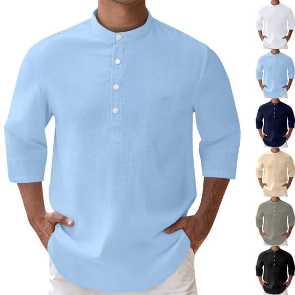 Men's Casual 3/4 Sleeves Shirt Henley Neck/V-Neck Button T-Shirt Loose Breathable Lightweight Workout Tops Classic Pullover