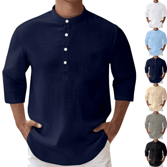 Men's Casual 3/4 Sleeves Shirt Henley Neck/V-Neck Button T-Shirt Loose Breathable Lightweight Workout Tops Classic Pullover