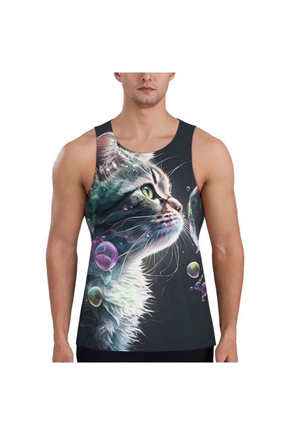 Men's Casual 3D Printed Tank Tops Sleeveless Graphic T-Shirt, Cat Blow Bubbles