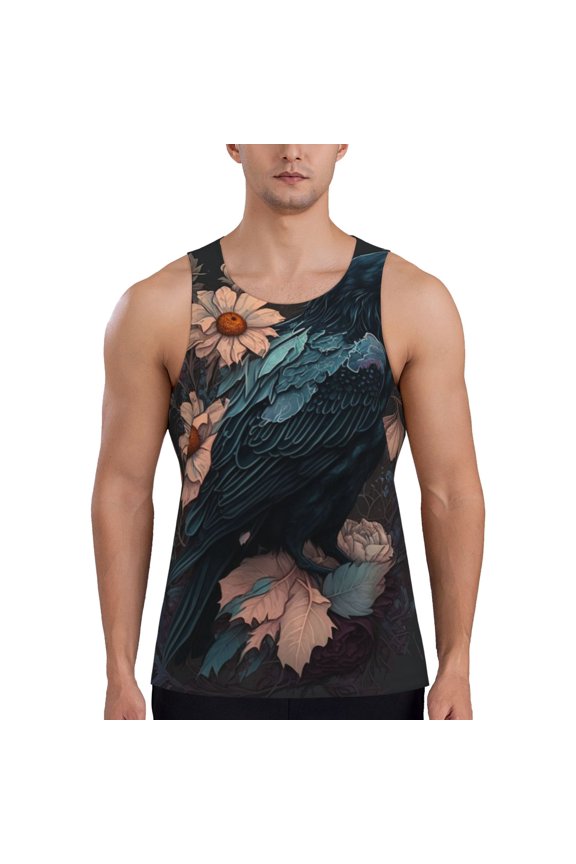 Men's Casual 3D Printed Tank Tops Sleeveless Graphic T-Shirt, Crow Flowers Raven Gothic