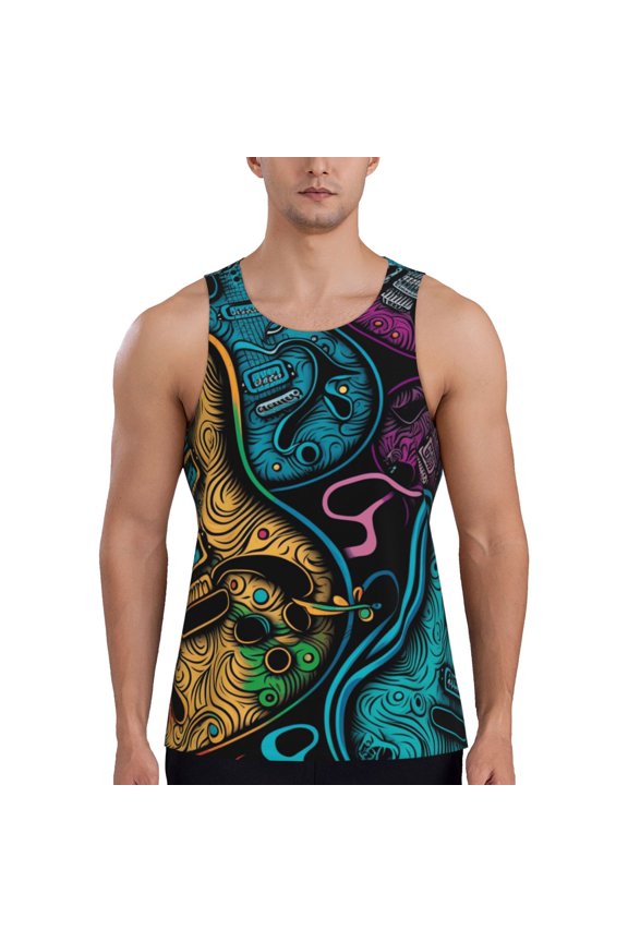 Men's Casual 3D Printed Tank Tops Sleeveless Graphic T-Shirt, Electric Guitars Rock Music Colorful