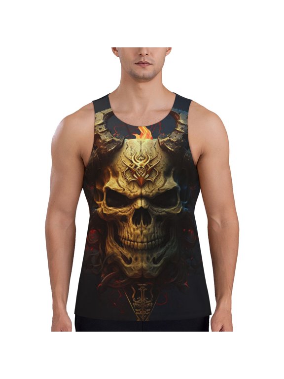 Men's Casual 3D Printed Tank Tops Sleeveless Graphic T-Shirt, Fire Demon Satanic Skull