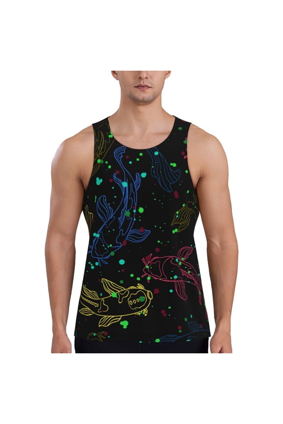 Men's Casual 3D Printed Tank Tops Sleeveless Graphic T-Shirt, Line Art Fish Silhouettes Japanese
