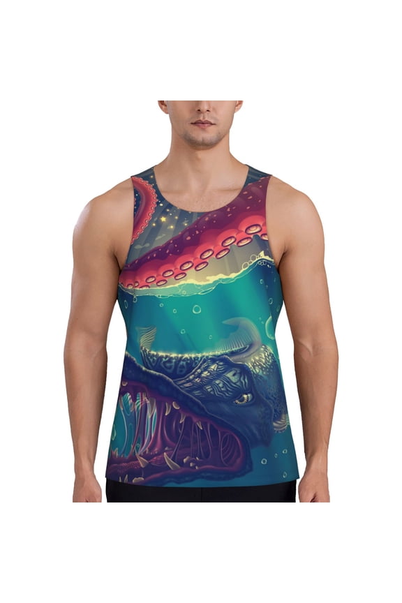 Men's Casual 3D Printed Tank Tops Sleeveless Graphic T-Shirt, Red Octopus Tentacles Predator Fish