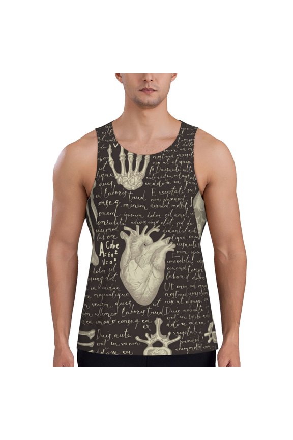 Men's Casual 3D Printed Tank Tops Sleeveless Graphic T-Shirt, Retro Pattern Human Organs And Bones