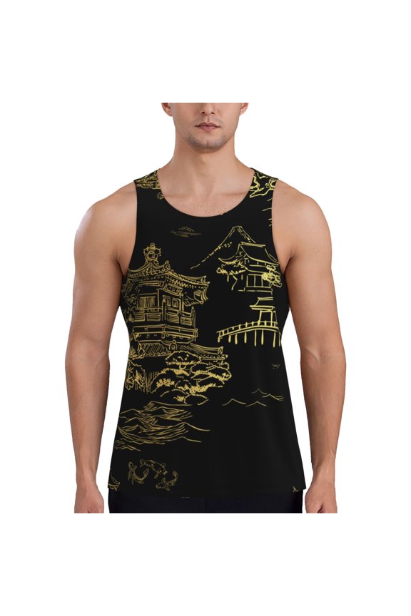 Men's Casual 3D Printed Tank Tops Sleeveless Graphic T-Shirt, Temple Fish Garden Japanese