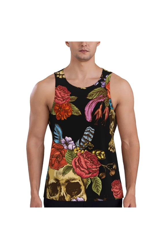 Men's Casual 3D Printed Tank Tops Sleeveless Graphic T-Shirt, Watercolor Skull Flowers Day Dead