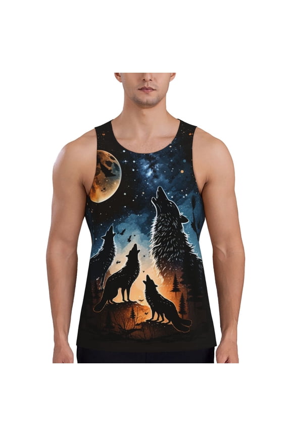 Men's Casual 3D Printed Tank Tops Sleeveless Graphic T-Shirt, Wolf Howling Wolves Moon Night Stars