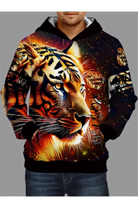 Men's Casual 3D Tiger Print Hooded Sweatshirt Oversized Hoodie Sports Shirt Autumn Winter, Men's Clothing Jacket, Long Sleeve Casual Sweatshirt, Sports Men's Wear