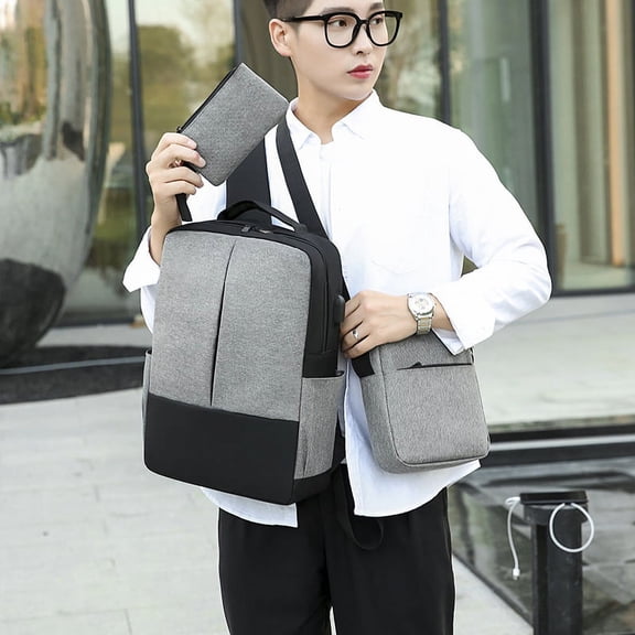 Men's Casual Backpack Three Piece Set,Grey