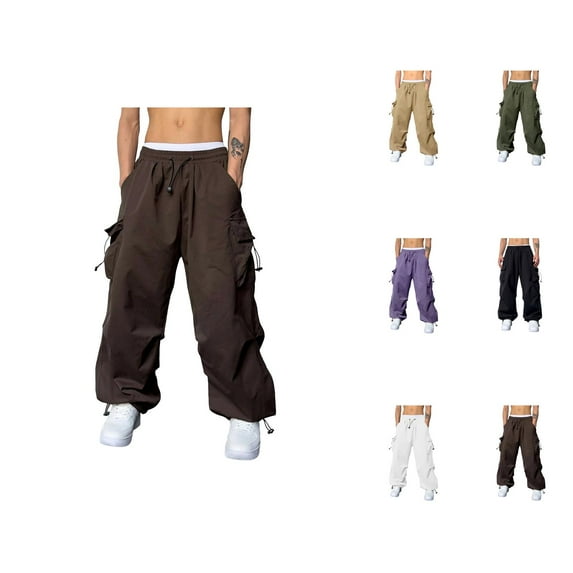 Men's Casual Baggy Cargo Pants – Woven Parachute Fabric, Loose Fit Harem Joggers with Multiple Pockets, Solid Color Streetwear Sports Pants