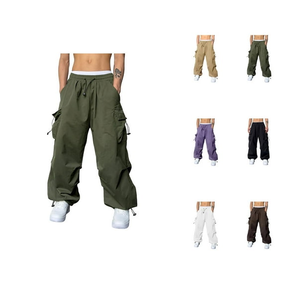 Men's Casual Baggy Cargo Pants – Woven Parachute Fabric, Loose Fit Harem Joggers with Multiple Pockets, Solid Color Streetwear Sports Pants