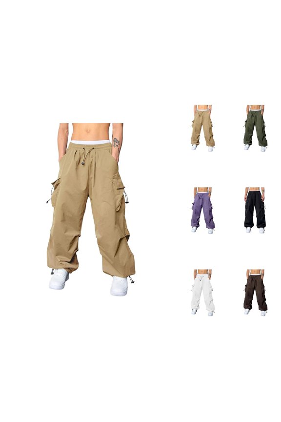 Men's Casual Baggy Cargo Pants – Woven Parachute Fabric, Loose Fit Harem Joggers with Multiple Pockets, Solid Color Streetwear Sports Pants