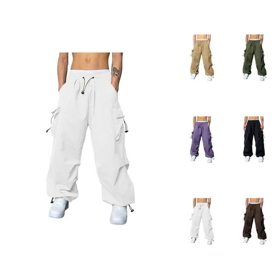 Men's Casual Baggy Cargo Pants – Woven Parachute Fabric, Loose Fit Harem Joggers with Multiple Pockets, Solid Color Streetwear Sports Pants