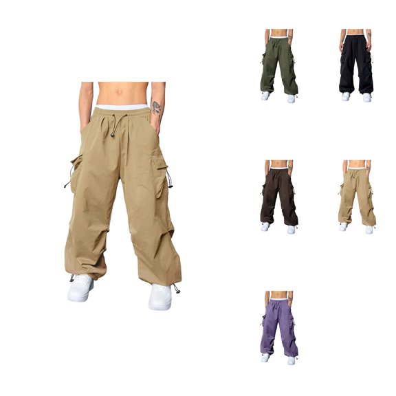 Men's Casual Baggy Cargo Pants with Drawstring Waist, Flat Pockets & Solid Color – Streetwear Y2K Parachute Trousers