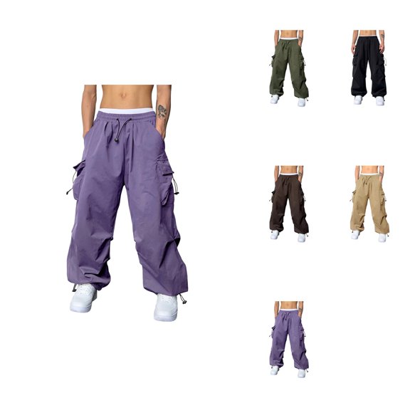 Men's Casual Baggy Cargo Pants with Drawstring Waist, Flat Pockets & Solid Color – Streetwear Y2K Parachute Trousers