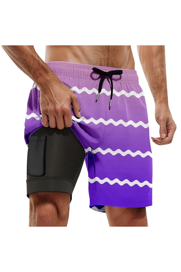 Men's Casual Beach Sports Plus Size Gradient Striped Pants - Double Layer Design, Polyester-Spandex, Elastic Waist, Multi-Pocket, S-XXXXXL Sizes