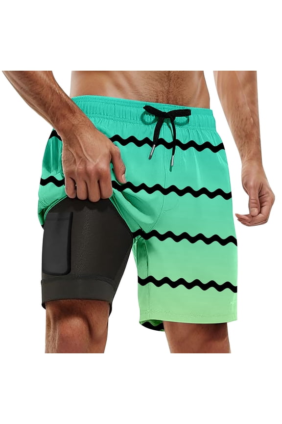 Men's Casual Beach Sports Plus Size Gradient Striped Pants - Double Layer Design, Polyester-Spandex, Elastic Waist, Multi-Pocket, S-XXXXXL Sizes