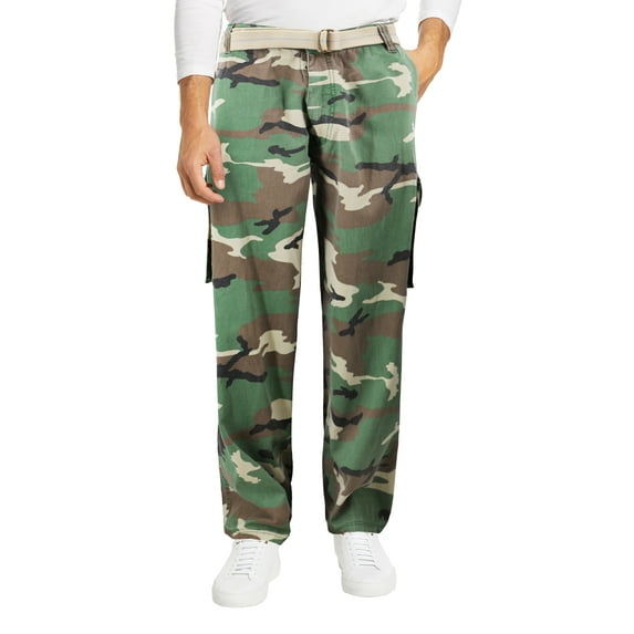 Men's Casual Belted Army Camo Trousers Camouflage Tactical Utility Cargo Pants (Green, 46x34)