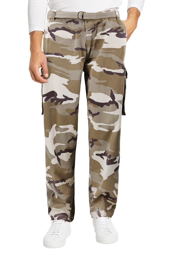 Men's Casual Belted Multipocket Patterned Trousers Cargo Pants (Desert, 44x30)