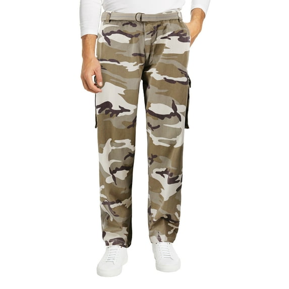 Men's Casual Belted Multipocket Patterned Trousers Cargo Pants (Desert, 50x30)