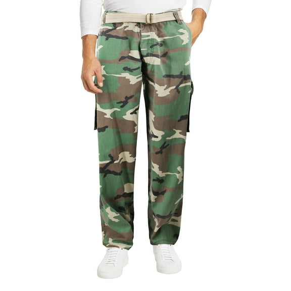 Men's Casual Belted Multipocket Patterned Trousers Cargo Pants (Green, 44x34)