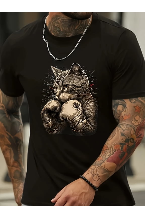 Men's Casual Black Boxing Cat Graphic T-Shirt - Short Sleeve, Round Neck, Lightweight & Breathable | Perfect for Summer Outings and Sports