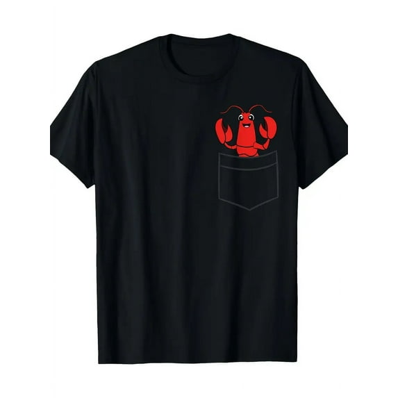 Men's Casual Black Cotton T-Shirt with Cute Lobster Pocket Design - 100% Cotton,